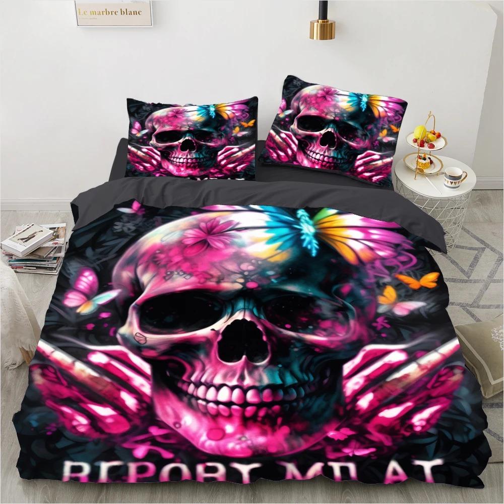 Rose Skull Duvet Cover Set Twin Single Size Halloween Bedding Set Teen Adult Kids Children Bed Linen Qulit Cover Pink Spider