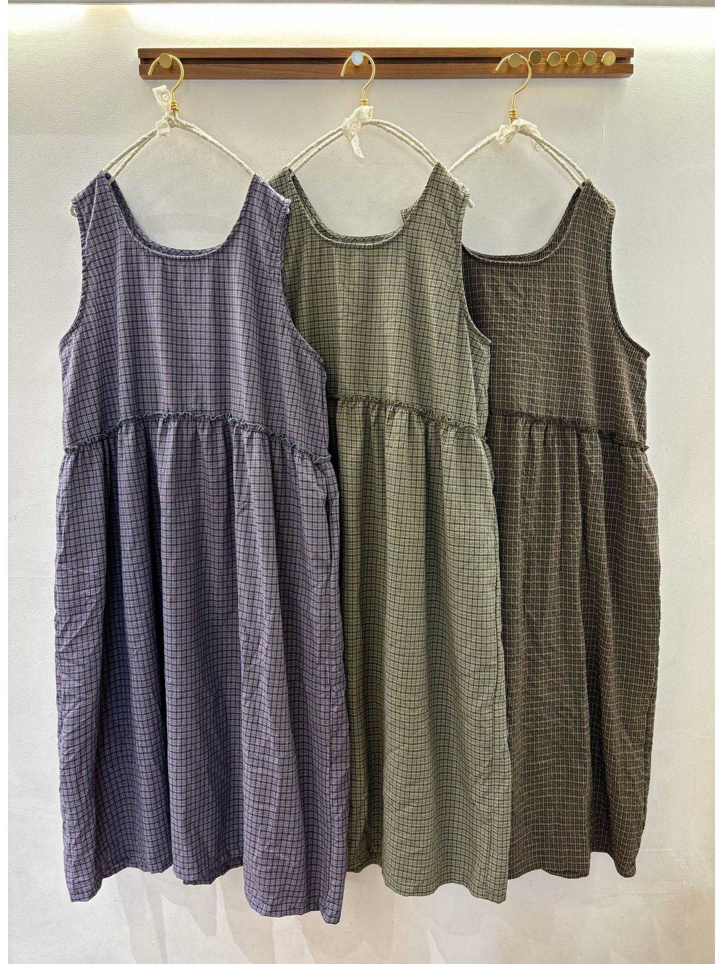 Cotton Linen Plaid Loose Sleeveless Dress - Women s Retro Layering Skirt One Size фиолетовый