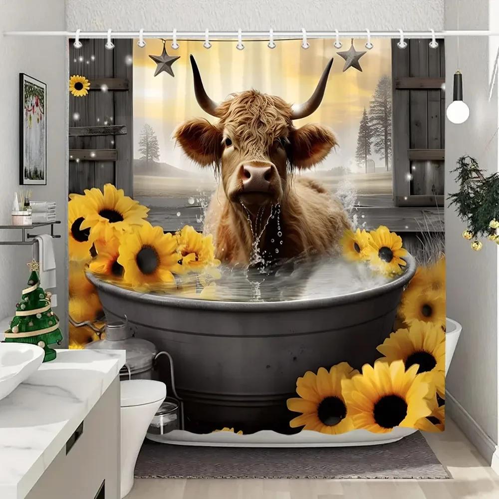 Farm Animals Highland Cattle Shower Curtain Rustic Rustic Farmhouse Plank Vintage Style Washable Shower Curtains Bathroom Decor