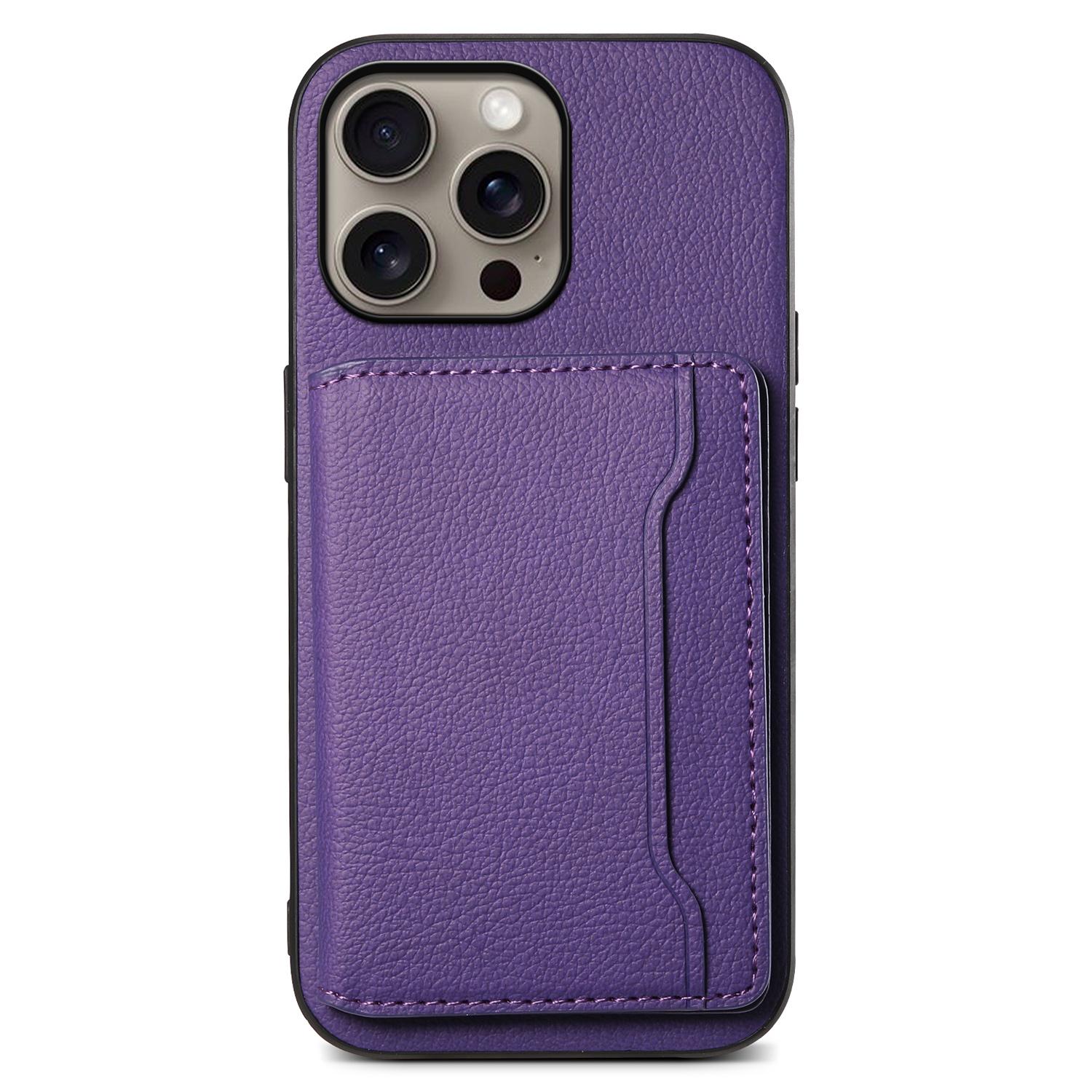 For iPhone 16 Pro Case Card Holder Kickstand Leather Coated PC+TPU Phone Cover B