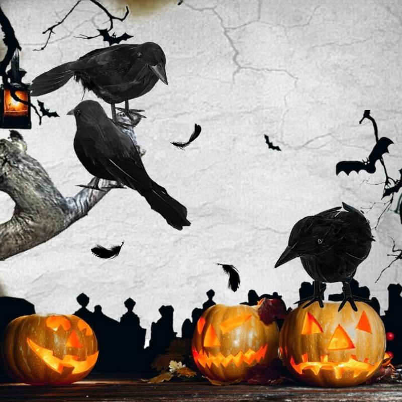 1-5PCS Halloween Simulation Black Feather Crow Model Realistic Raven Ornament Spooky Haunted House Party Decoration Props