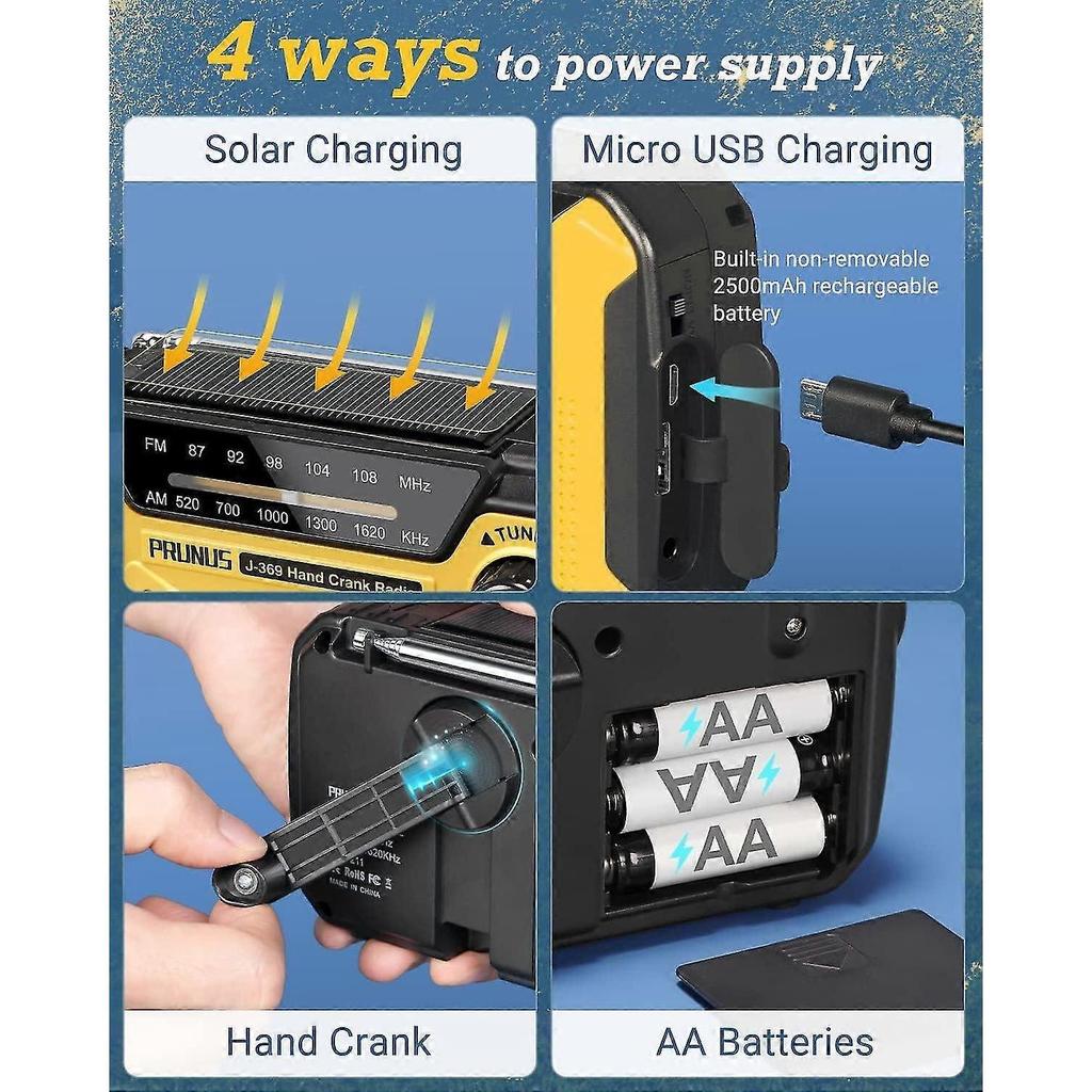 Radio Solare di Emergenza J-369 - Power Bank da 3000mAh, AM/FM, Manovella, Torcia, Lampada da Lettura, Allarme SOS per Sopravvivenza e Outdoor