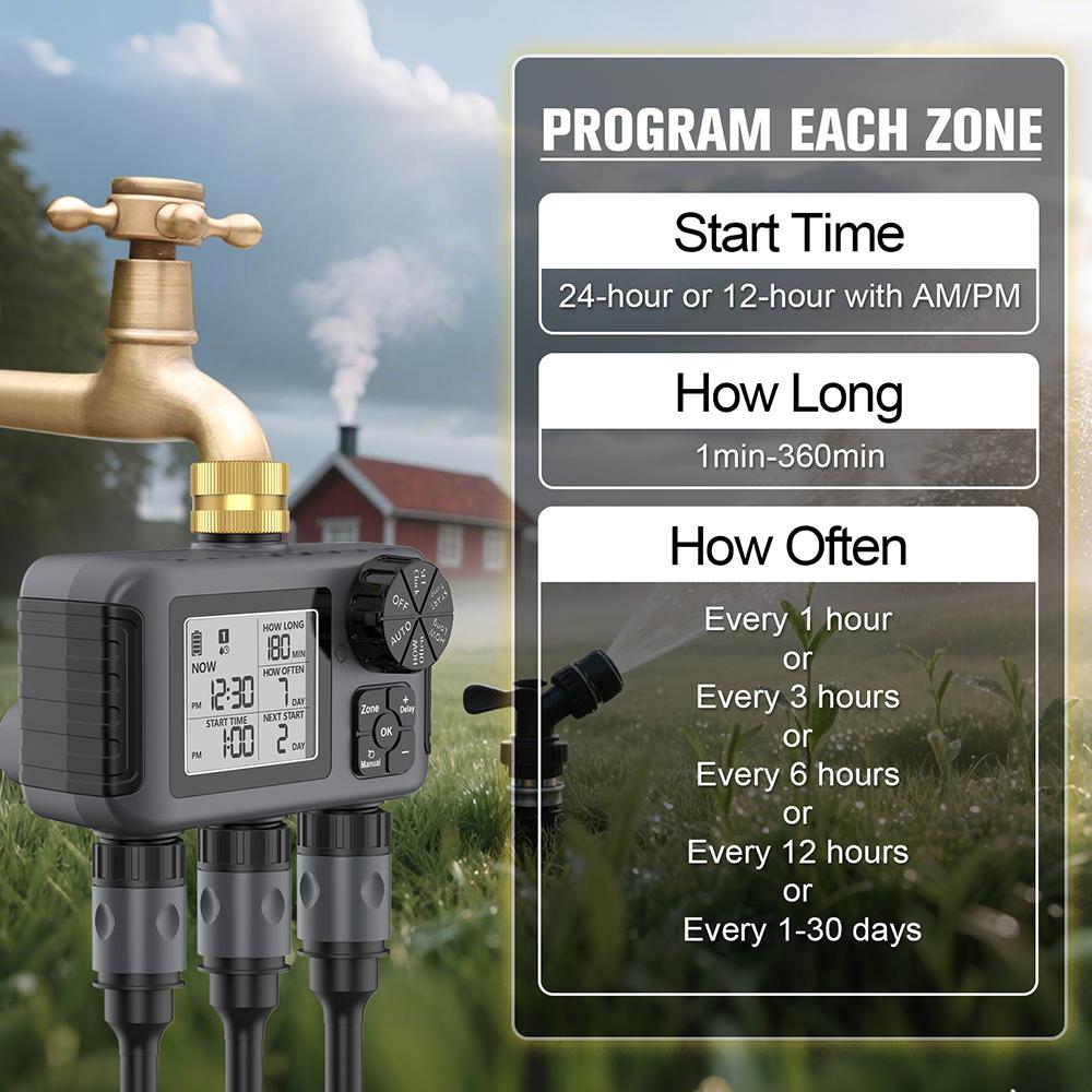 3 Outlets Digital Water Timer Automatic Irrigation Watering System Timing Controller Timed Water Valve for Garden Planting