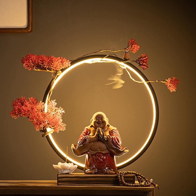 Chinese Zen LED Light Ring Ceramic Ornament for Living Room or Office Display
