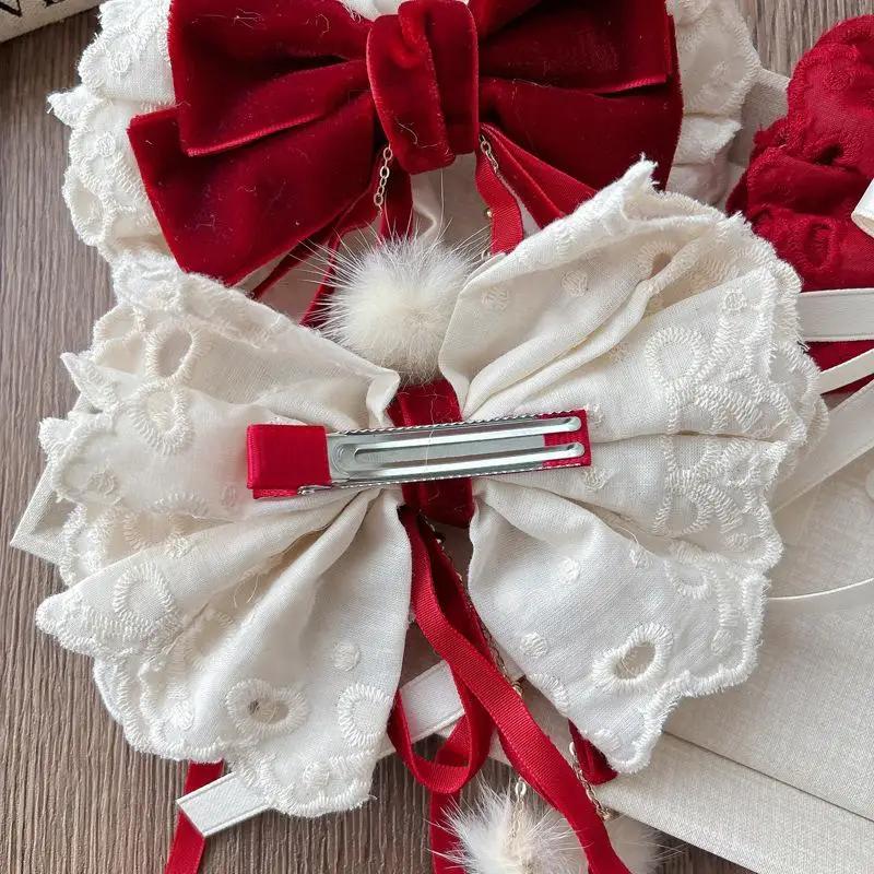 New Lace Bowknot Hair Clips For Girls Sweet Versatile Stylish New Year Ponytail Hairpin Red Velvet Korean Kids Princess Headwear