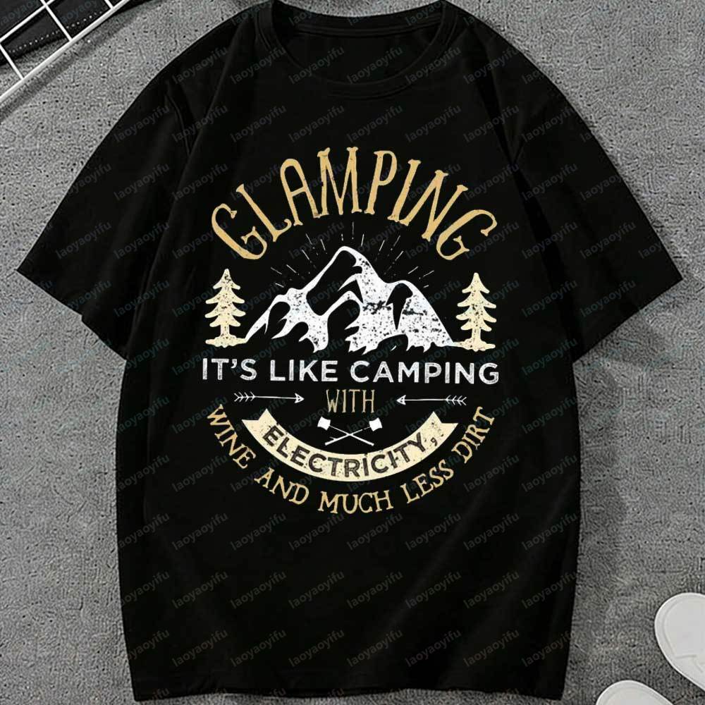 Vintage Glamping TShirt for Unisex Women Funny Camping Graphic Tee Outdoor Hiking Mountain Print Short Sleeve Tops Casual Cotton