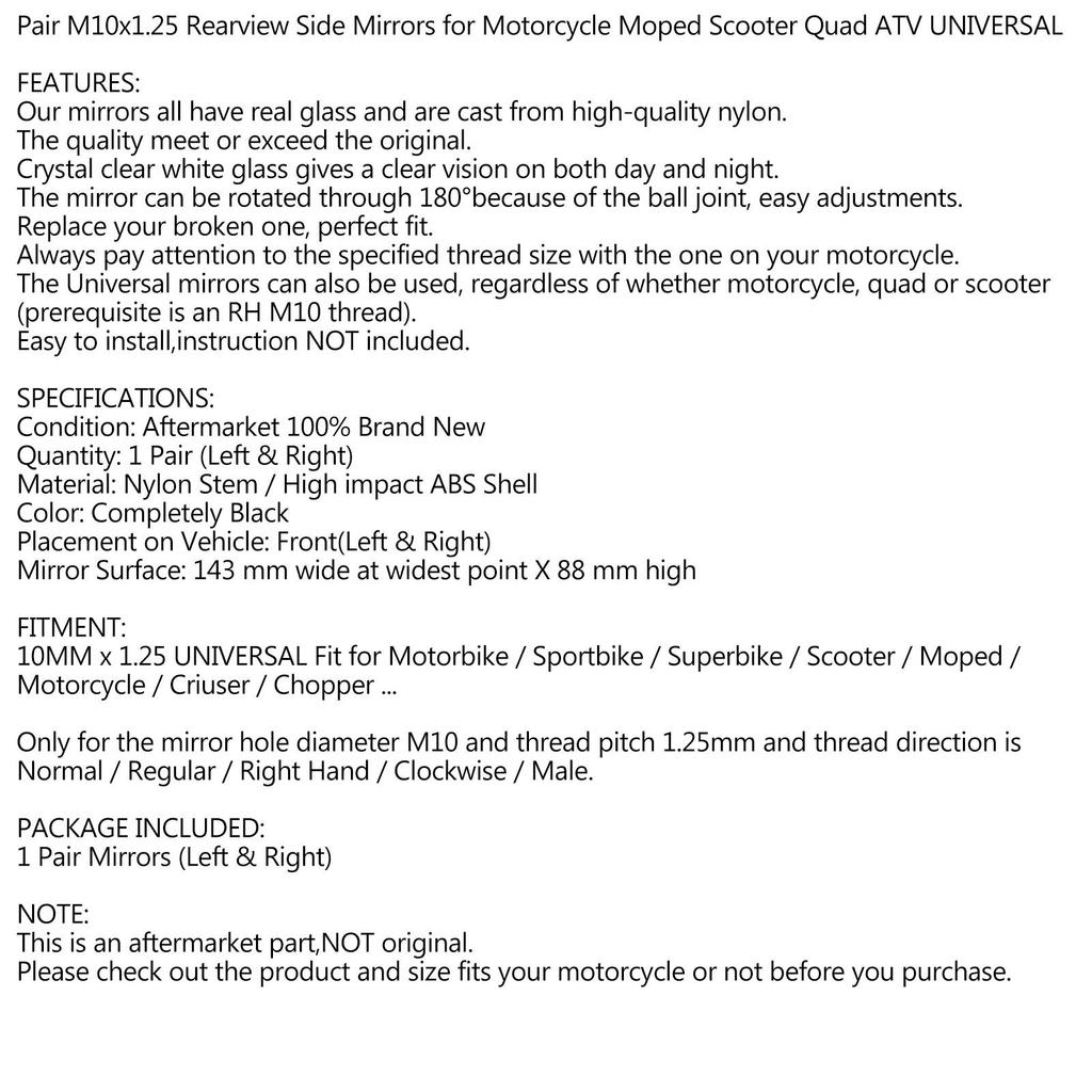 Pair M10 Rear View Mirror UNIVERSAL Mirrors ForMotorcycle Custom Cruiser