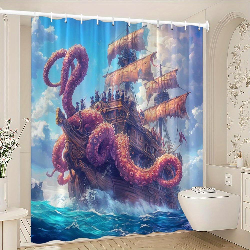 Fantasy Ocean Shower Curtain 1Pc – Octopus Wrapping Pirate Ship, Dramatic Sea Art Bath Curtain For Boys’ Room And Home Decor