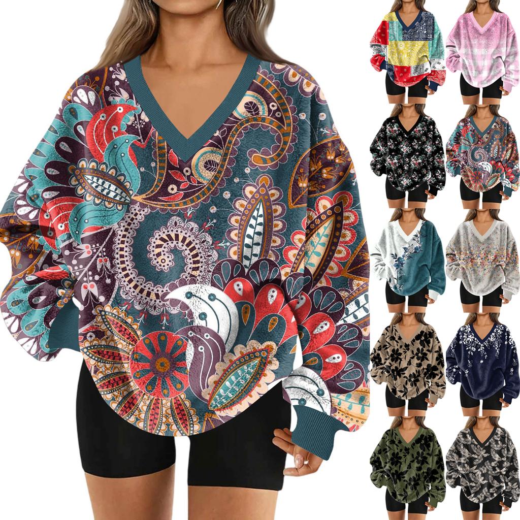 Women's V-Neck Sweatshirt Plush Solid Color Casual Fashion Long Sleeve With Pocketed Pullover Top