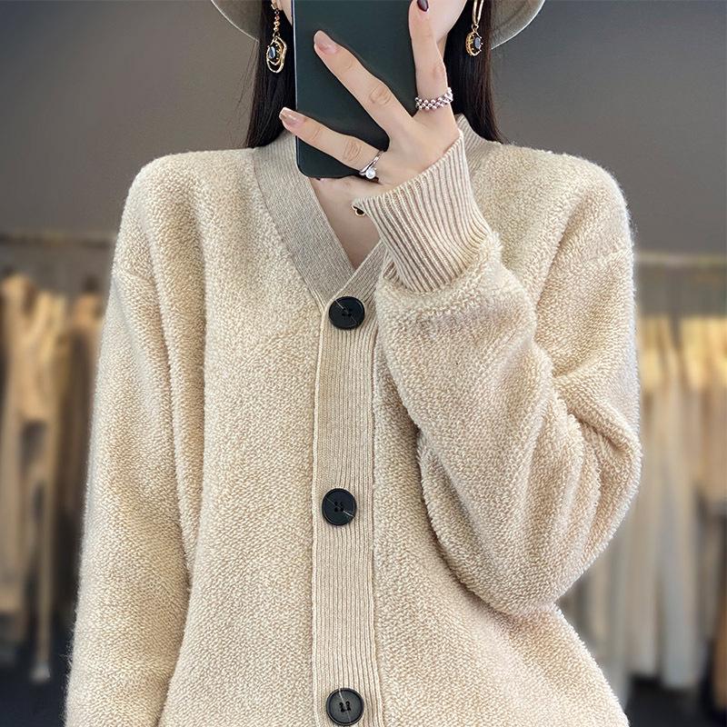 Women's Korean Style 100% Wool V-Neck Cardigan - Loose, Fashionable, Slimming Sweater