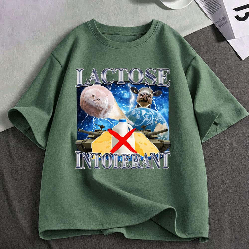 Lactose Intolerant Funny Cat Meme Graphic T Shirts Unisexs Unisex Clothing Fashion Cotton Casual Short Sleeve Tshirts Streetwear