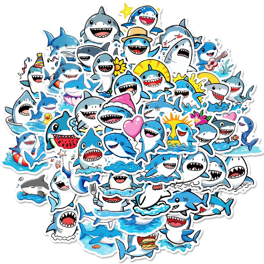 New 50 Cute Shark Personality Creative Stickers Mobile Phone Notebook Water Cup Suitcase Waterproof Stickers