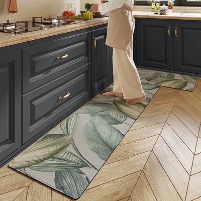 Premium Green Leaf Floor Mat Oil-proof 2pc Kitchen Rug Non-slip Bathroom Mat Doormat Living Room Carpet Rug For Bedroom