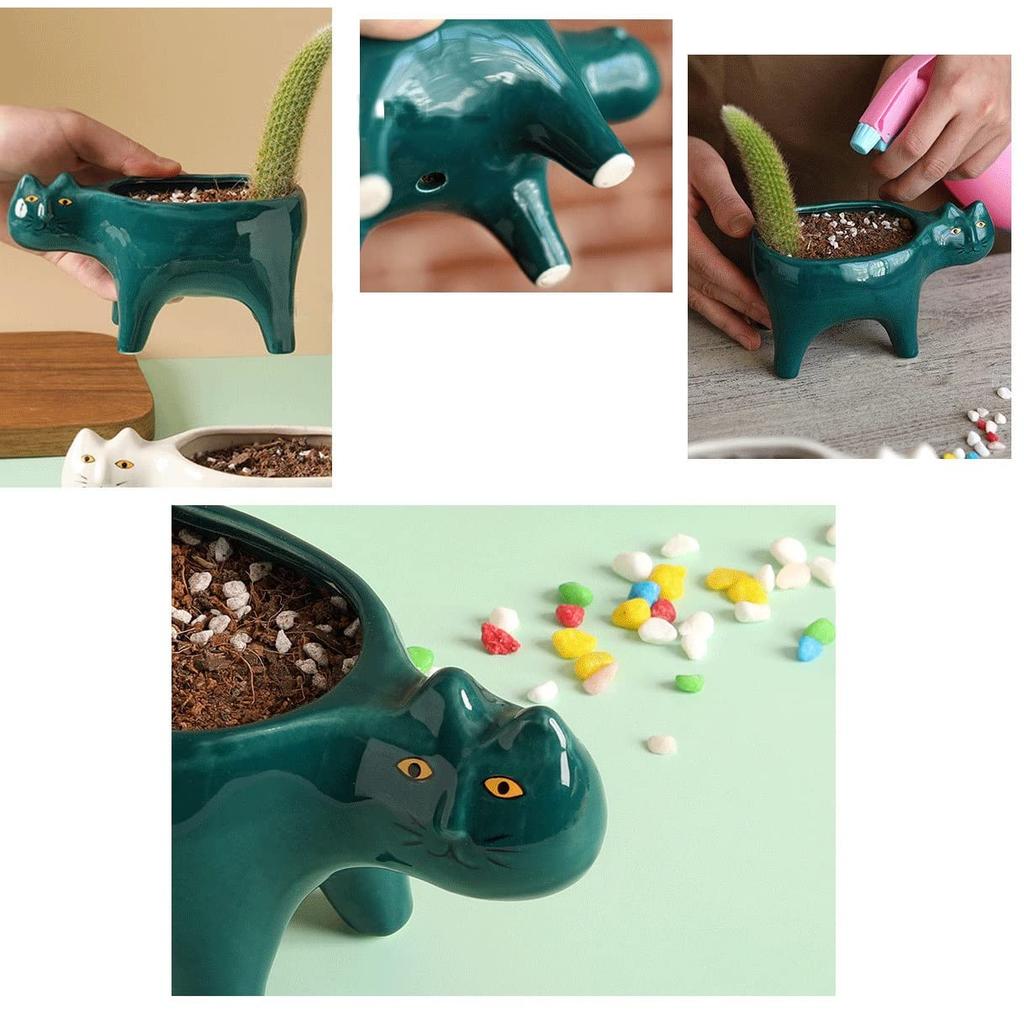 siawadeky Cute Cat Flower Pots Set of 2 Succulent Pots Ceramic Pots Cat Planter Succulents Cactus Cat Tail Cat Planter Pot Decoration Cat Herb Planter