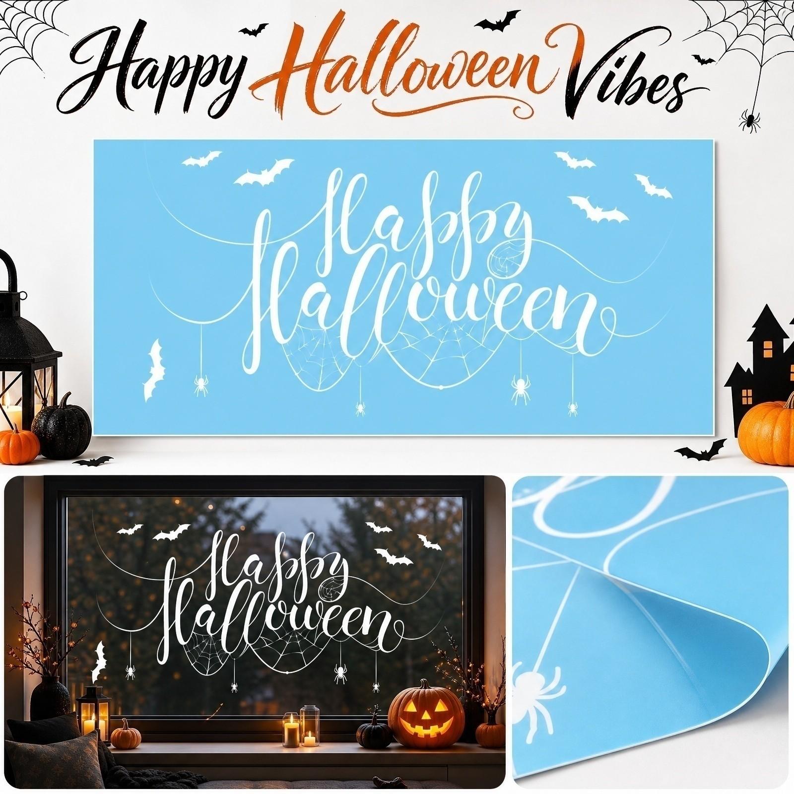 PVC Static Cling Window Decoration Sticker Halloween Hanging Spider Bat Happy Halloween Letter for Glass Door Wall One Size