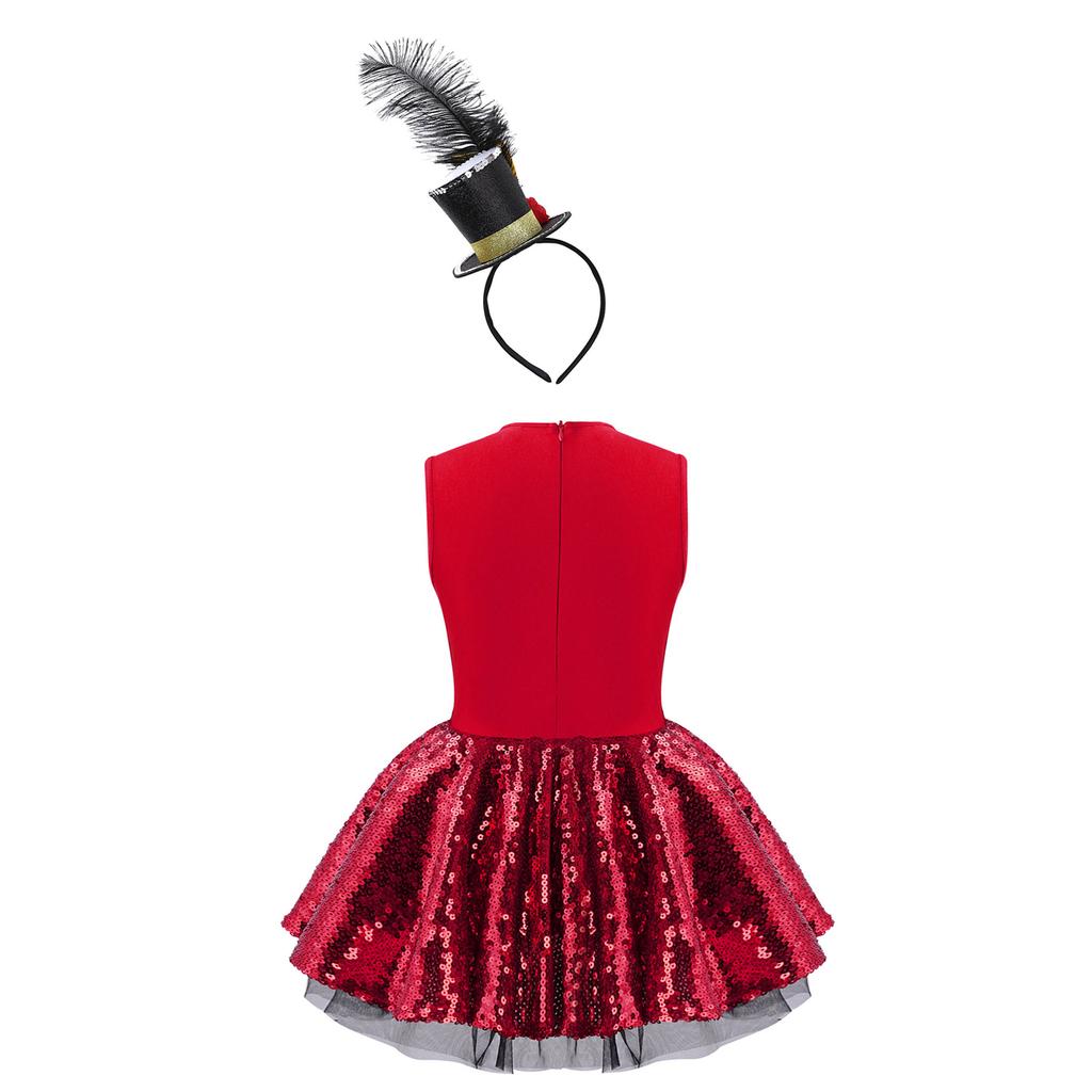 Girls Carnival Costume Round Neck Sleeveless Shiny Sequins Leotard Dress Feather Mini Top Hat Party Outfit