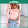 And Slim Womens Y2k Skinny Solid Colour U Neck Long Sleeve Top