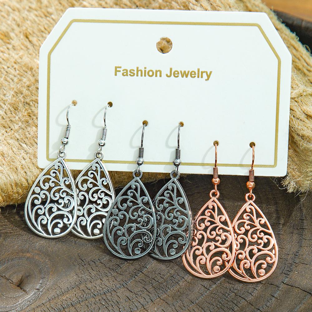 

3Pair/Set Ethnic Round Water Drop Earrings for Women Vintage Simple Hollow Geometric Multicolor Dangle Earrings Female Jewelry