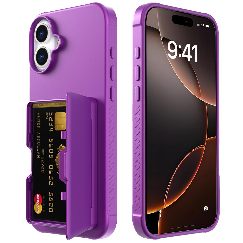 

For iPhone 16 Plus Case with Card Holder/Mirror/Kickstand TPU+PC Phone Back Cover Dark Purple