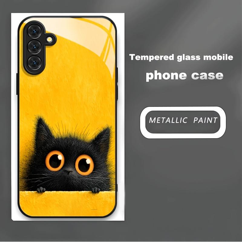 Cute black cat English tempered glass phone case suitable for Samsung GalaxyS26 S25 S24 S22 S21 S20S11S10FE/Ultra/Plus anti drop