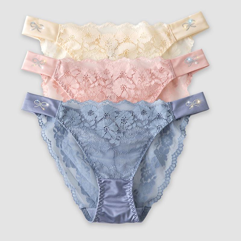 Femei Respirabil Stras Decor Slip Lenjerie de corp Talie joasă Chiloți din dantelă Satin Mătase Confortabil