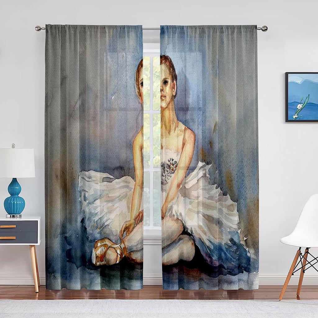 Retro Ballerina Dancing Classic Performance Tulle Curtain for Living Room Decoration Chiffon Sheer Voile Kitchen Bedroom Curtain