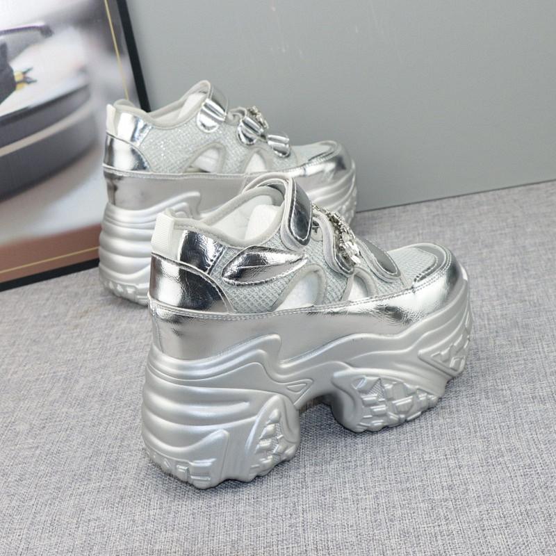 Fashion 12CM Air Mesh Micrifiber Leather Women Vulcanize Bling Fashion Chunky Sneakers Breathable Casual Platform Wedge Shoes