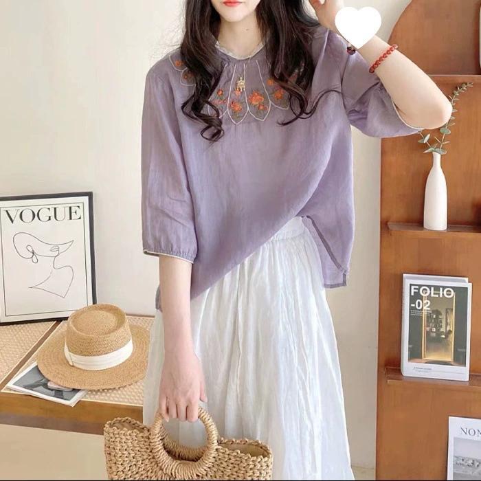 

Elegant Fashion Harajuku Slim Fit Female Clothes Loose Casual All Match Tops Women Solid O Neck Insert Cotton Linen T-Shirts 4XL фіолетовий