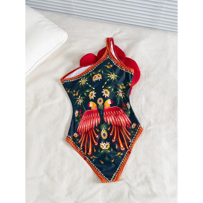 Moda Fiore sulla Spalla Costume da Bagno Intero Sexy Monospalla da Donna Body Stampato Costumi da Bagno Abbigliamento da Spiaggia per Vacanze Femminile