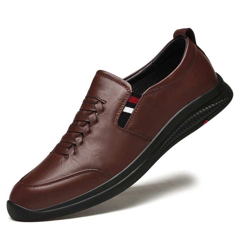 Men s Casual Slip-on Leather Shoes - Non-slip, Round Toe, Flat Rubber Sole 43 коричневый