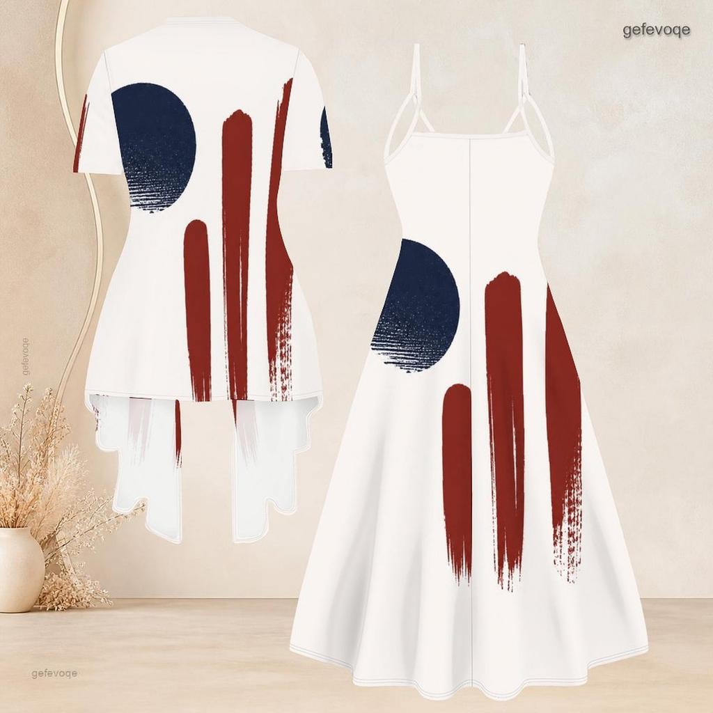 Women Plus Size American Flag Printed Two Piece Set V Neck Strappy Flared Dress Short Sleeve Cardigan