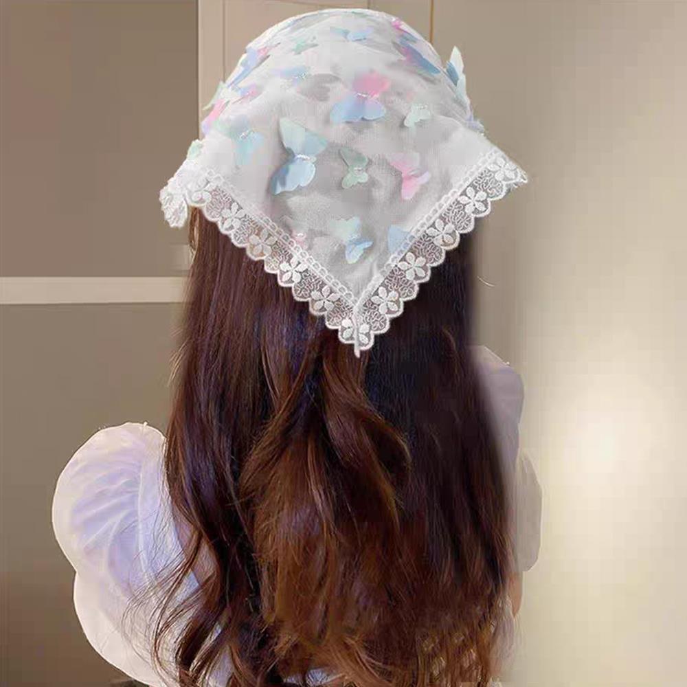 Woman Lace Triangle Headscarf Headwear Butterfly Print Turban Bandana Headbands Girl Court Bonnet Fashion Sweet Hair Accessories