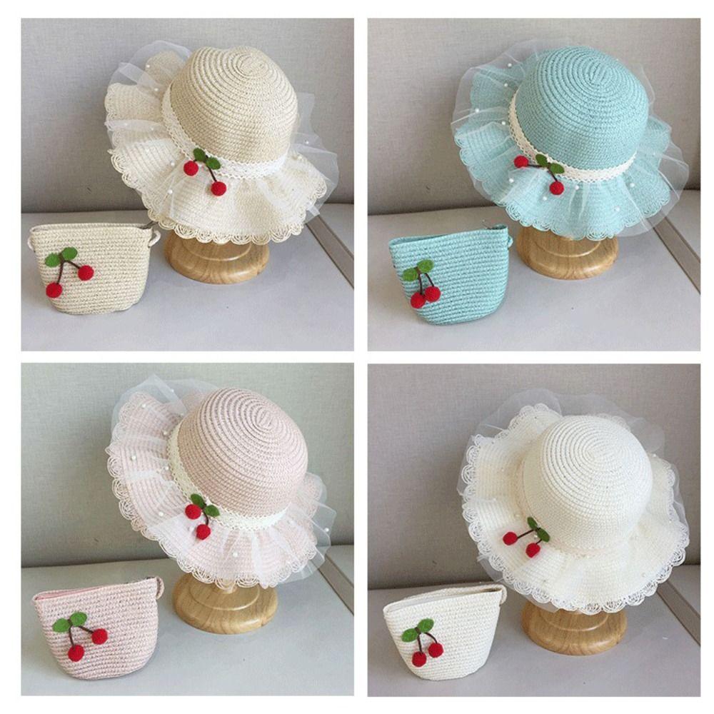 Wide Brim Kids Sun Hat Pearl Decoration Beach Hat Cute Style Straw Hat Girls Accessories