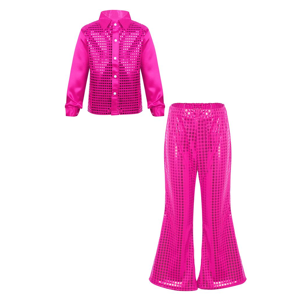 Boys Sequined Long Sleeve Spread Collar Shirt Elastic Waistband Flared Pants Jazz Outfit