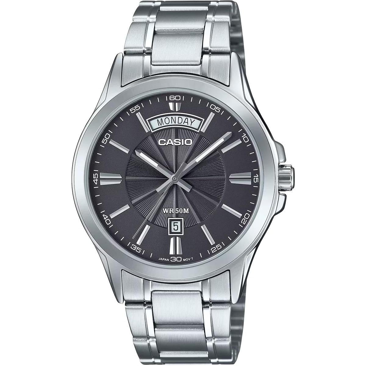 CASIO analog quartz mens wristwatch MTP-1381D-8AV metal band silver dark gray overseas model