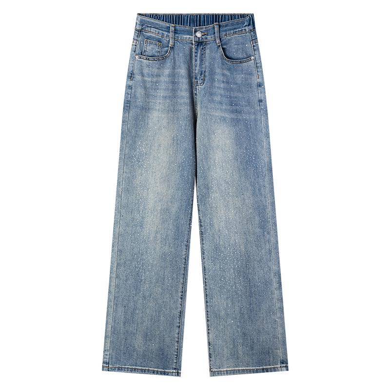 

2026 Spring Plus Size High Waist Rhinestone Women s Jeans - Fashionable Wide-Leg Straight Pants 2610 2XL