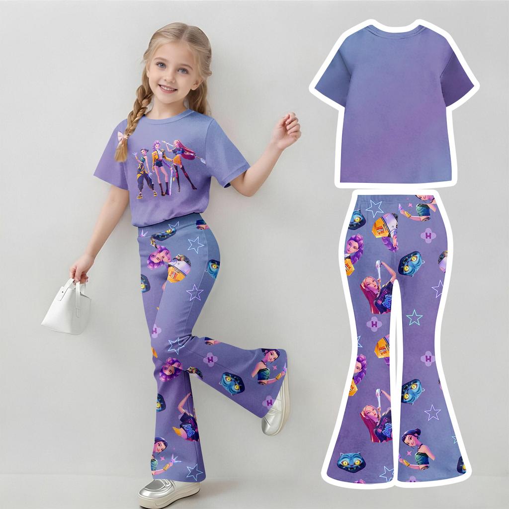 Children's Summer Sports T-Shirt And Bell-Bottom Pants Two-Piece Athletic Set Short Printed Clothing Set