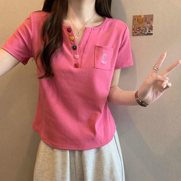 

[40 шт 1 * 1 бавовна з різьбою 260г] Жіночий одяг великого розміру для повних мм з вигнутим низом на ґудзиках футболка з коротким рукавом жіноча 3XL рожевий червоний колір