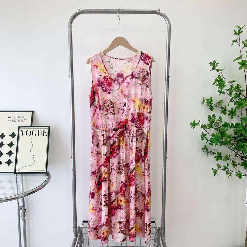 Summer Sleeveless Dress Cotton Silk Dress Drawstring Print Bohemia Beach Dress Home Wear Nightdress with Pockets