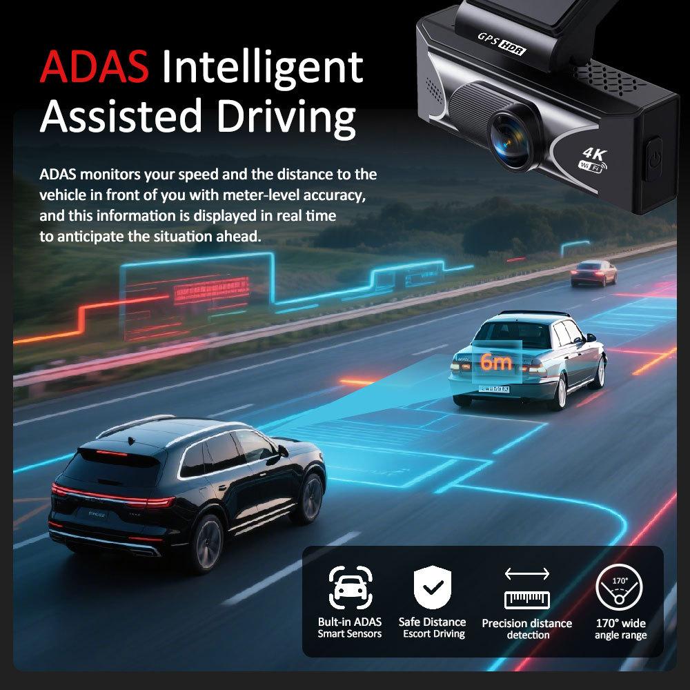 4K Dual Lens Dash Cam, Front and Rear Recording, Super Wide Angle, Night Vision, WiFi, GPS