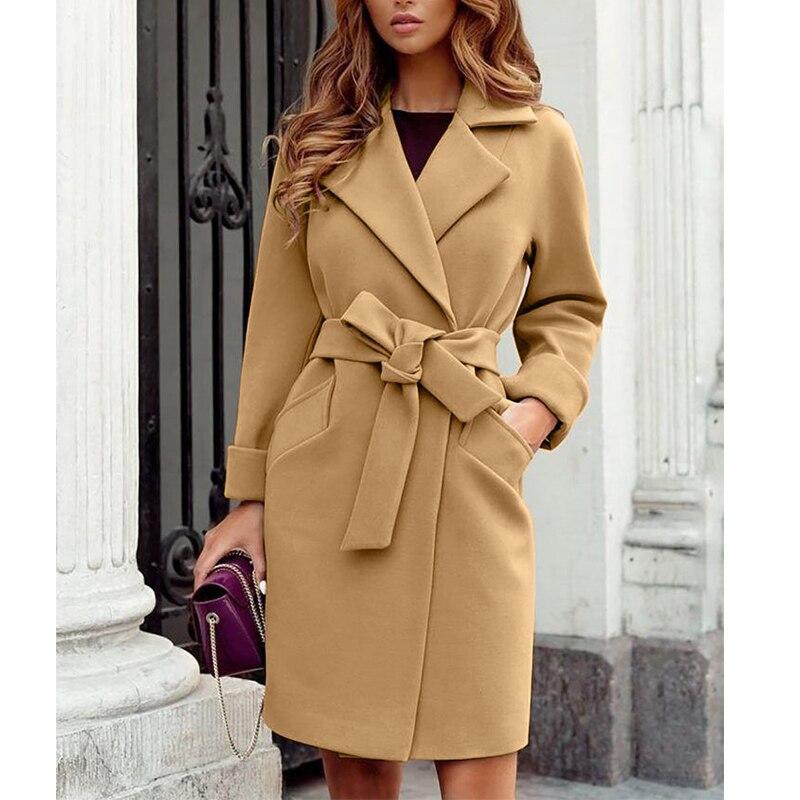 Women Autumn Winter Elegant Long Wool Coat with Belt Solid Color Long Sleeve Chic Outerwear Ladies Fashion Casual Overcoat