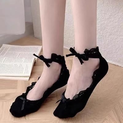 Japanese Style Girl Lolita Modern Dance Latin Dance Socks Ballet Lace Tie Straps Boat Socks Bowknot Women Fishnet Slippers