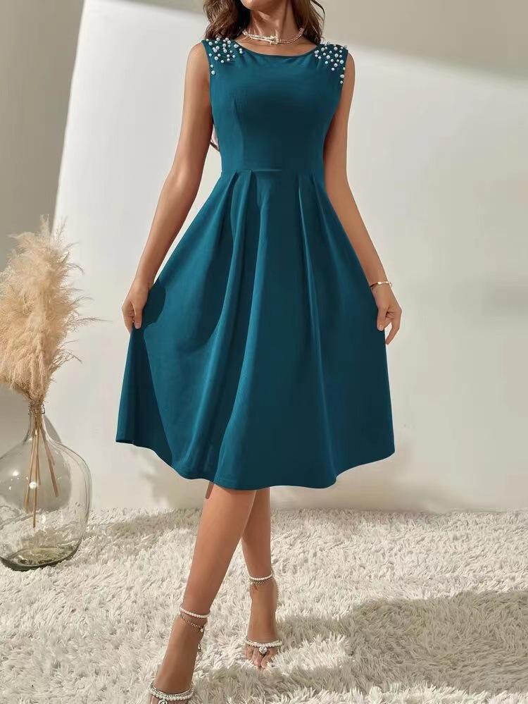 2024 Summer Women's Sleeveless Beaded Slimming Round Neck Dress