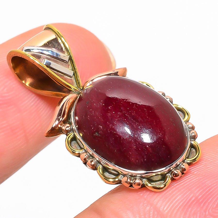 Natural Red Jasper Gemstone TwoTone 925 Solid Sterling Silver Pendant 1.25" I2V27