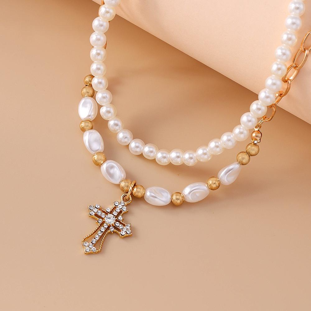 2pcs Elegant Cross Pendant Necklaces for Women Girls Pearl Choker Necklace Handmade Party Jewelry Gift