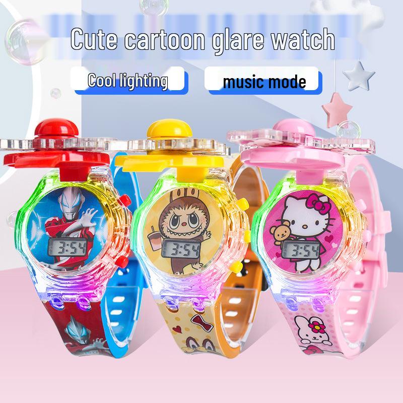 Children's Cartoon Music Watch with Seven-Color Luminous Spinning Gyro Toy