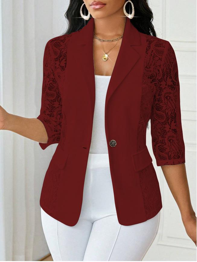 Women's Lapel Three‑Quarter Sleeve Blazer Slim Fit Elegant Lace Splicing Single Button Jacket