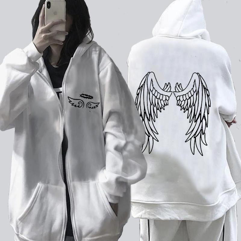 2022 cross-border women's zipper sweater angel wings printed hoodie European and American street tide casual hoodie