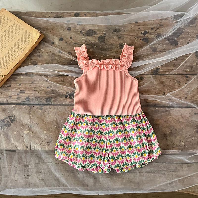 

Летние комплекты жилетов с цветочным принтом для девочек, хлопковый жилет без рукавов + свободные шорты, одежда для маленьких девочек 66