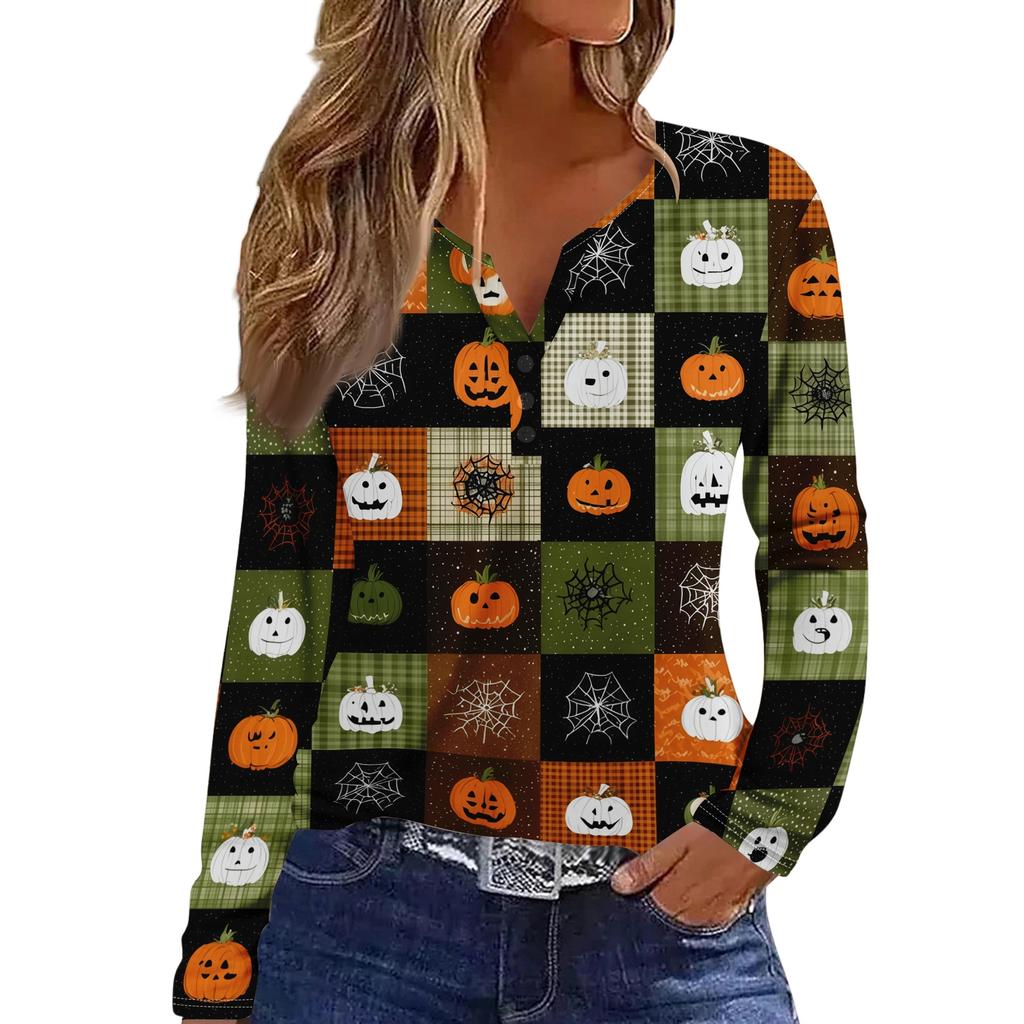 Women's Long Sleeve V-Neck T-Shirt with Button and Halloween Print Casual Top